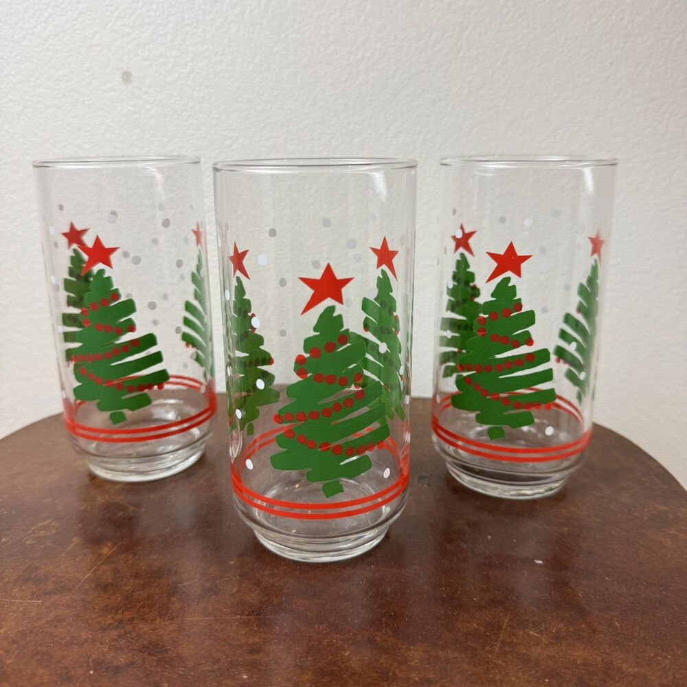 3 VINTAGE Libbey Christmas Drinking Glass Tumblers 5.5” Tall CHRISTMAS TREE
